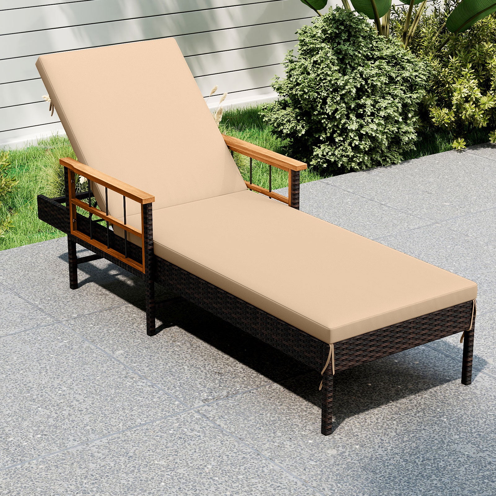 Patio Rattan Chaise Lounge with 4-Level Adjustable Backrest