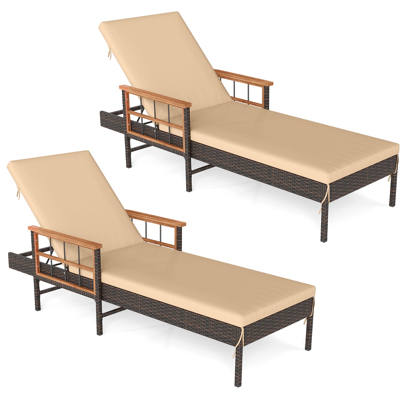 Patio Rattan Chaise Lounge with 4-Level Adjustable Backrest