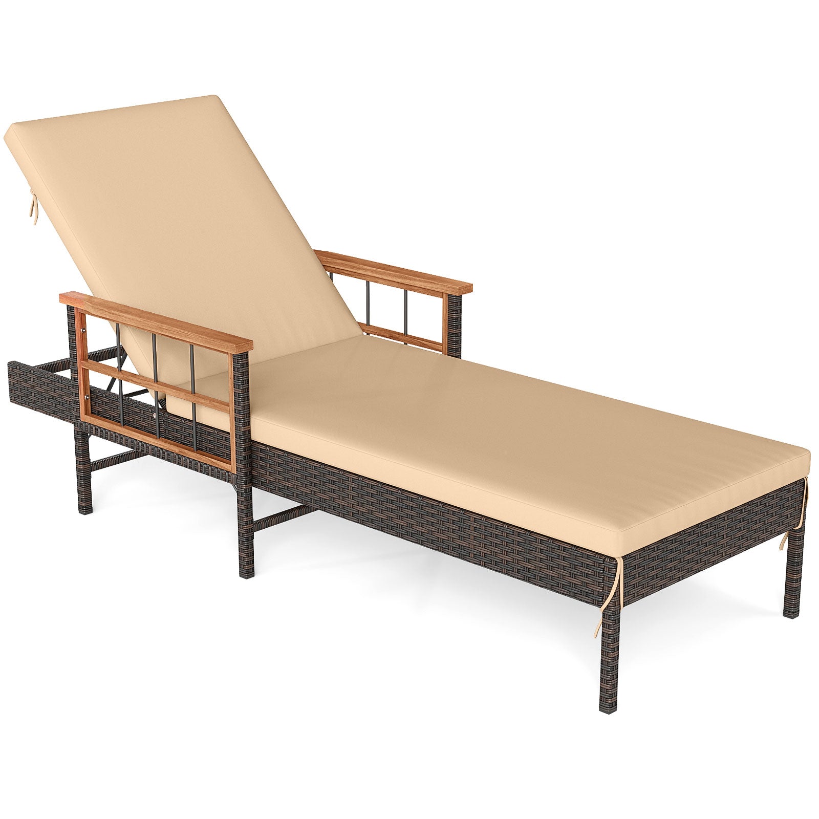 Patio Rattan Chaise Lounge with 4-Level Adjustable Backrest