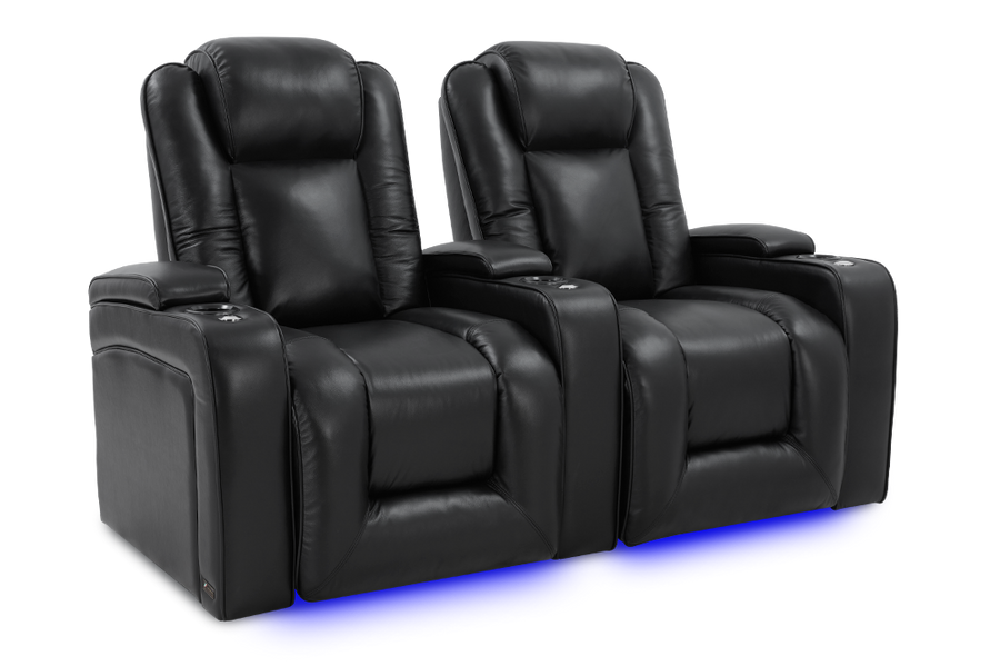 Left Angled Front View of A Luxurious, Midnight Black, Two seat, Wood and Steel Frame, Rome Premium Top-Grain Nappa Leather Theater Seating.