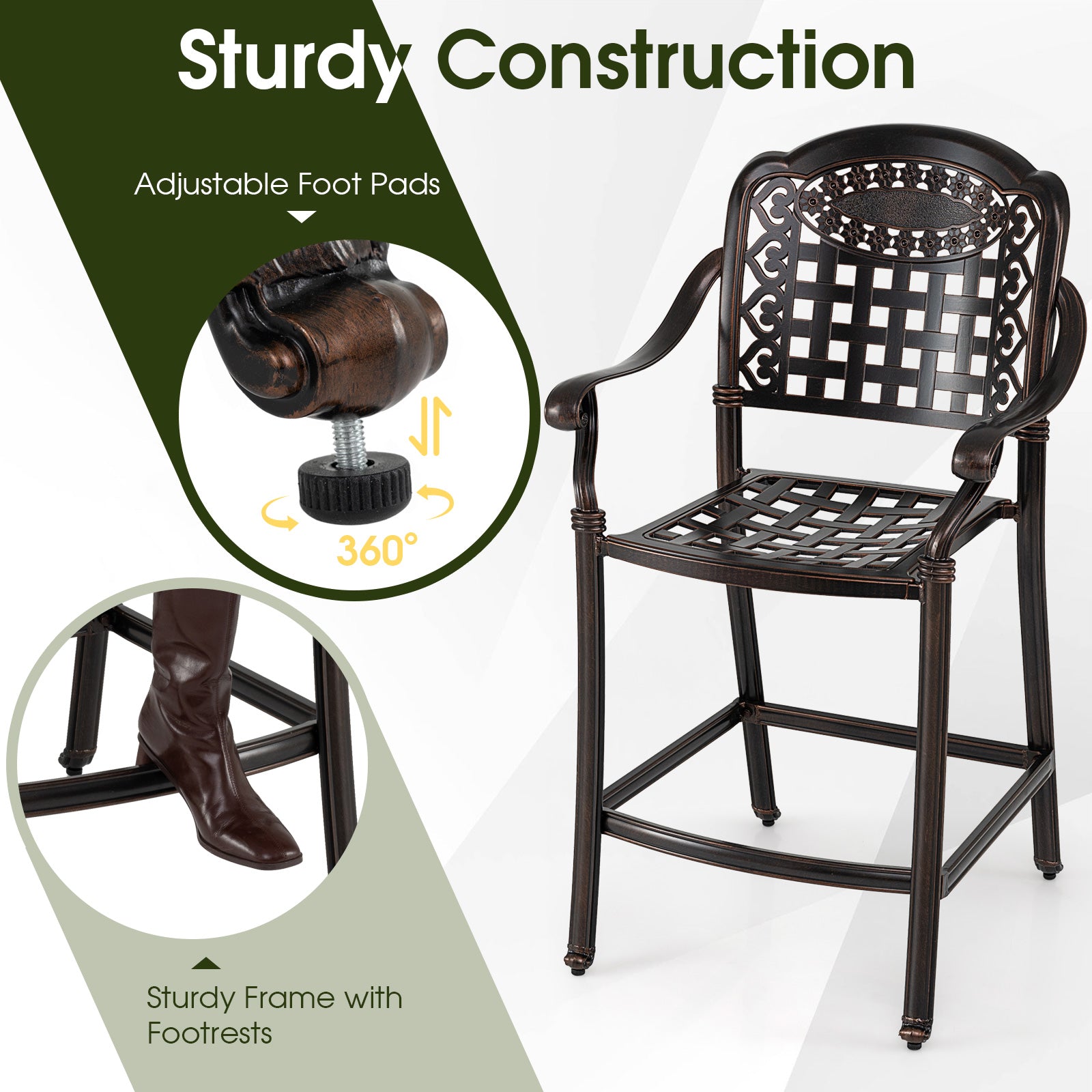 Set of 4 Outdoor Bar Stool 25.5 Inch Counter Height Cast Aluminum Bar Chairs