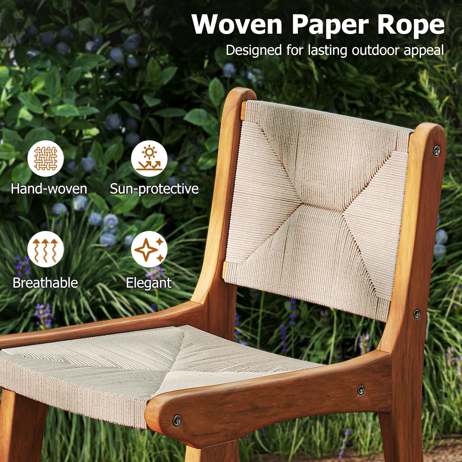 Set of 4 Outdoor Counter Height Bar Stool Woven Paper Rope Patio Barstool with Teak Wood Frame