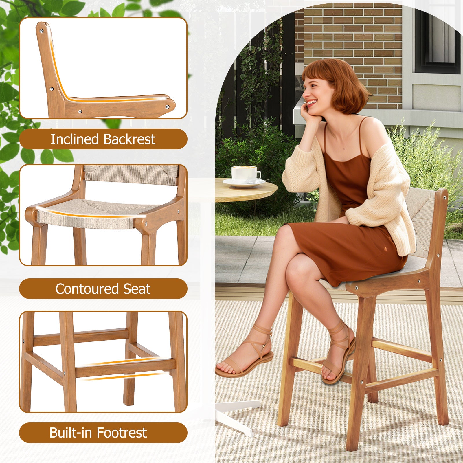 Set of 4 Outdoor Counter Height Bar Stool Woven Paper Rope Patio Barstool with Teak Wood Frame