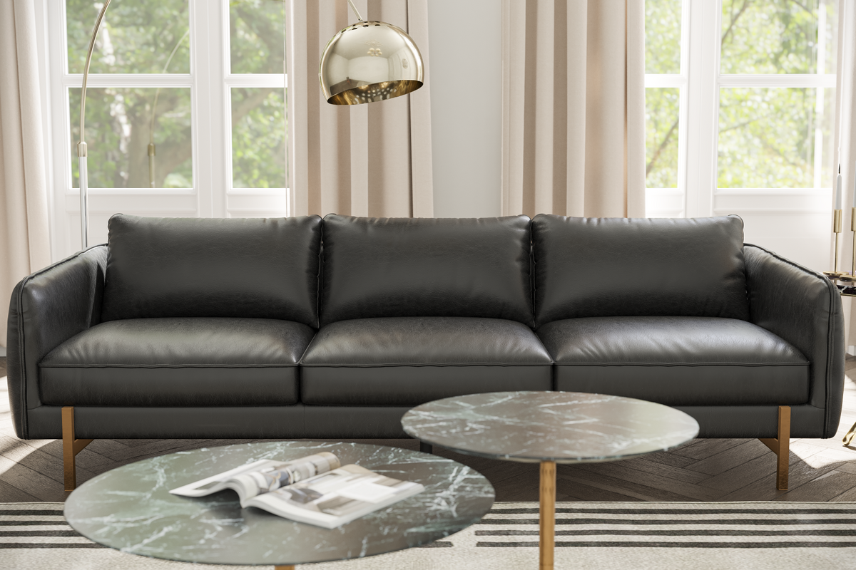 Valencia Gabriele Leather Three Seats Sofa with Brass Finished Legs, Black  Color