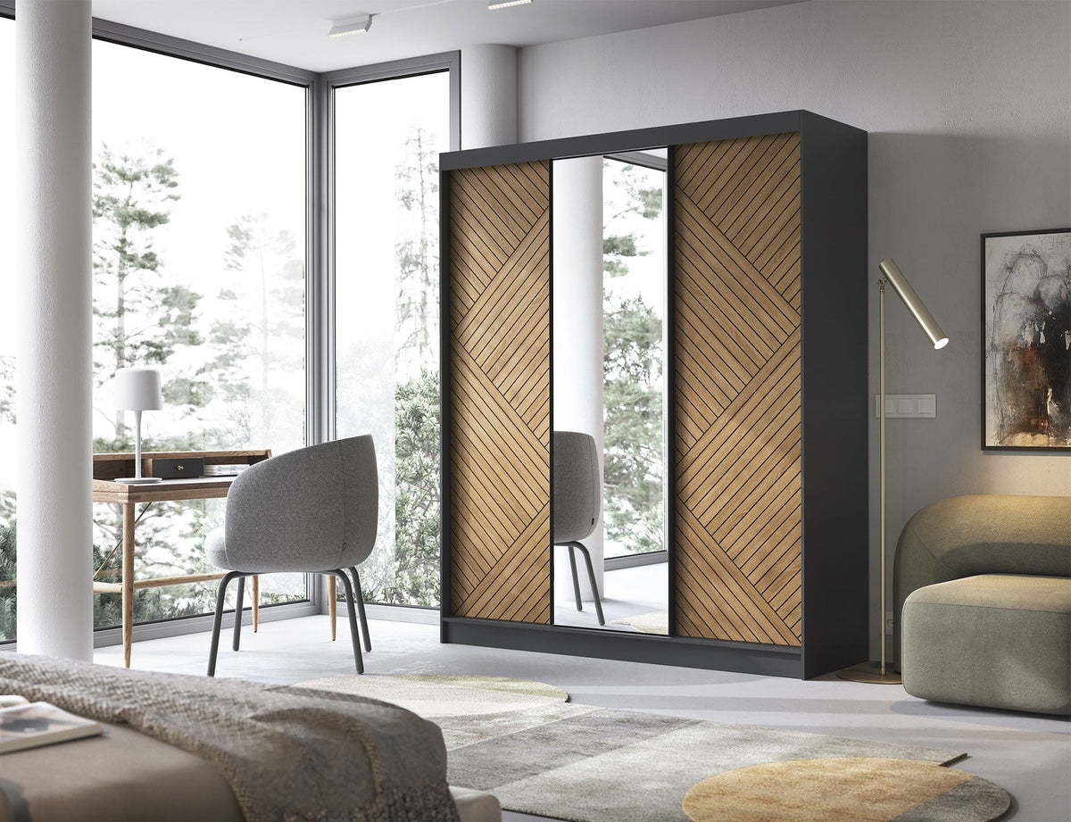 Marrphy Mirrored 3 Sliding Door Freestanding Wardrobe - Black/Oak Caramel
