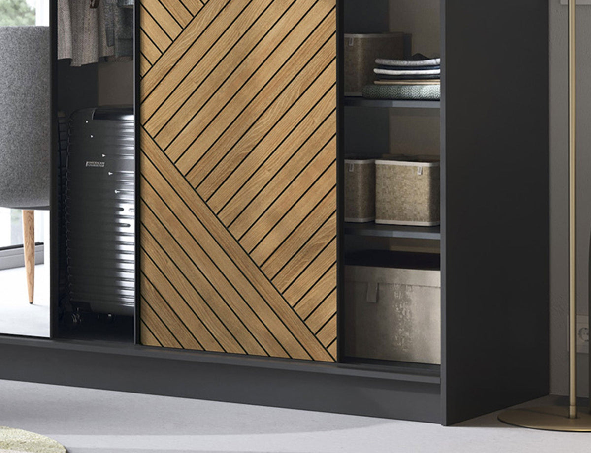 Marrphy Mirrored 3 Sliding Door Freestanding Wardrobe - Black/Oak Caramel