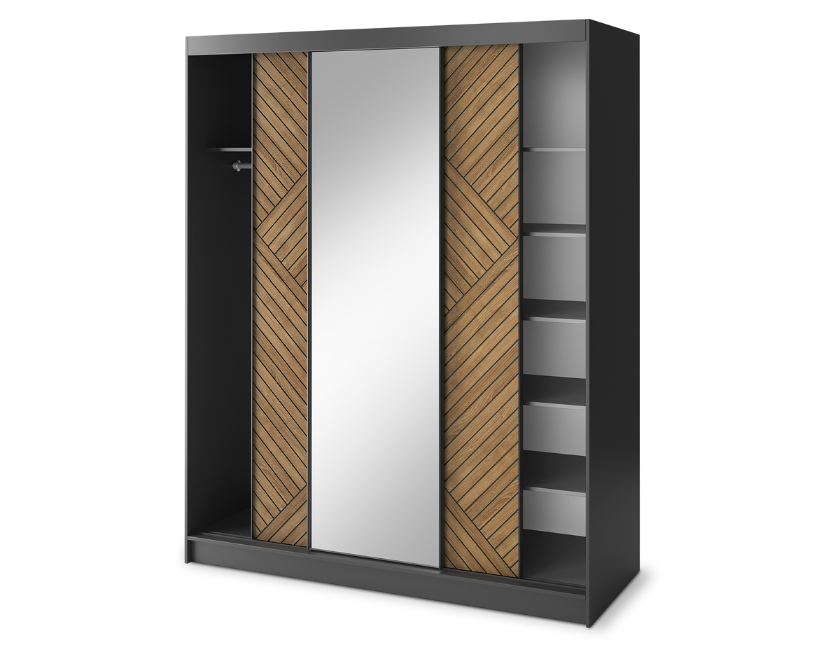 Marrphy Mirrored 3 Sliding Door Freestanding Wardrobe - Black/Oak Caramel