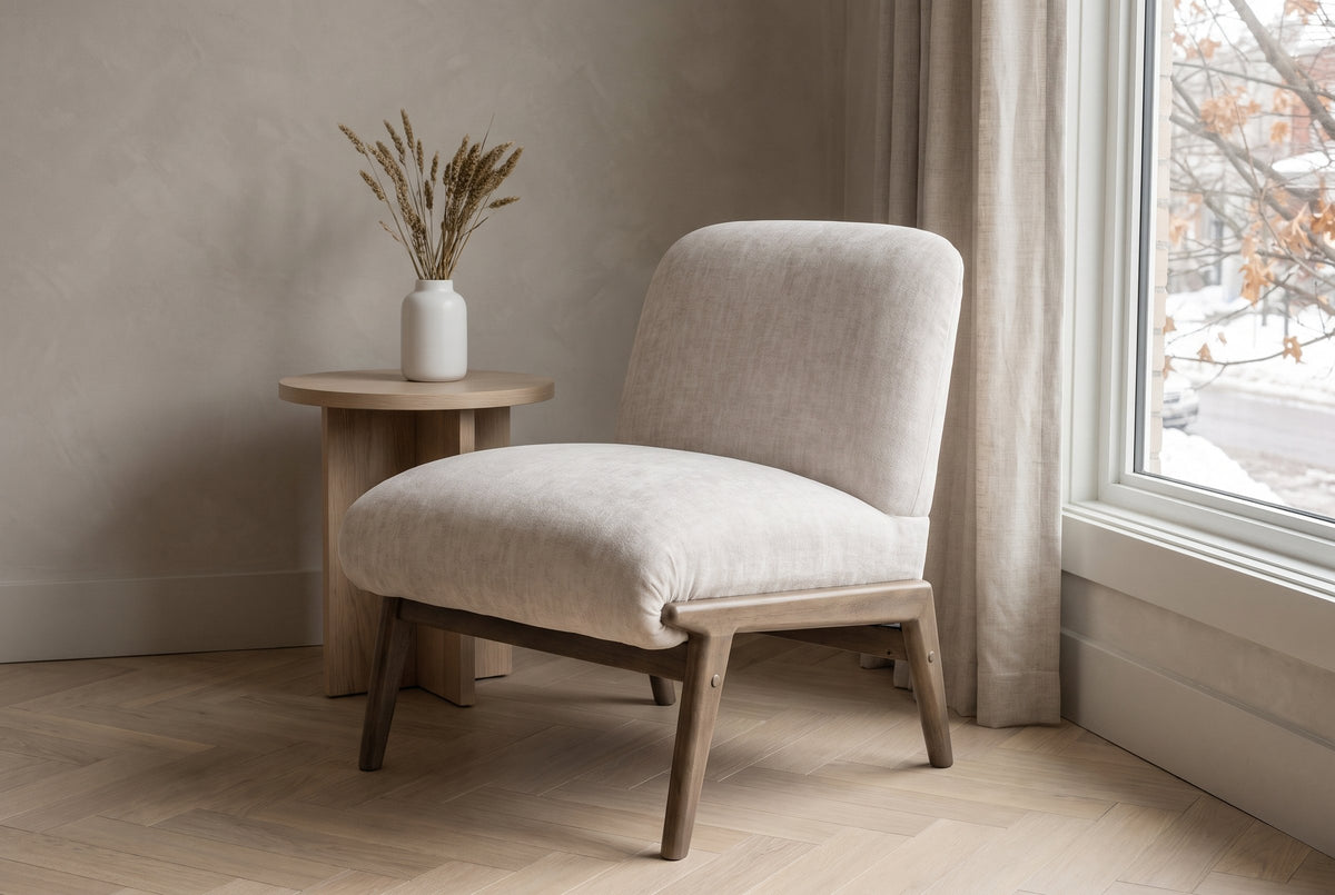 Acquasparta accent chair in beige velvet in an Ottawa townhouse living room