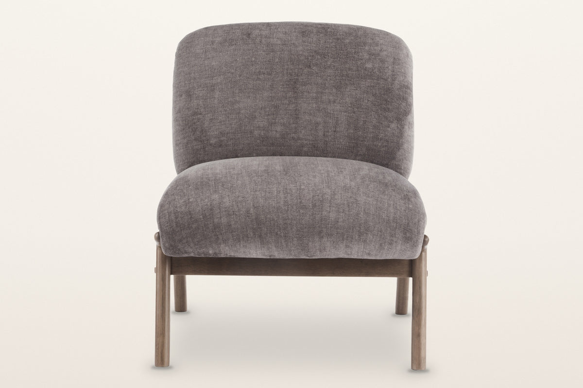 Acquasparta accent chair in dark taupe, straight front view: back cushion, deep seat, wood frame and four legs