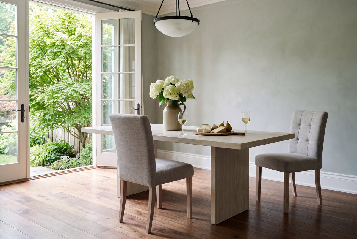 Two light grey Adelina dining chairs at a pale stone slab table with white hydrangeas, cheese, pears and white wine in a Rosedale house in Toronto, French doors open to a green garden