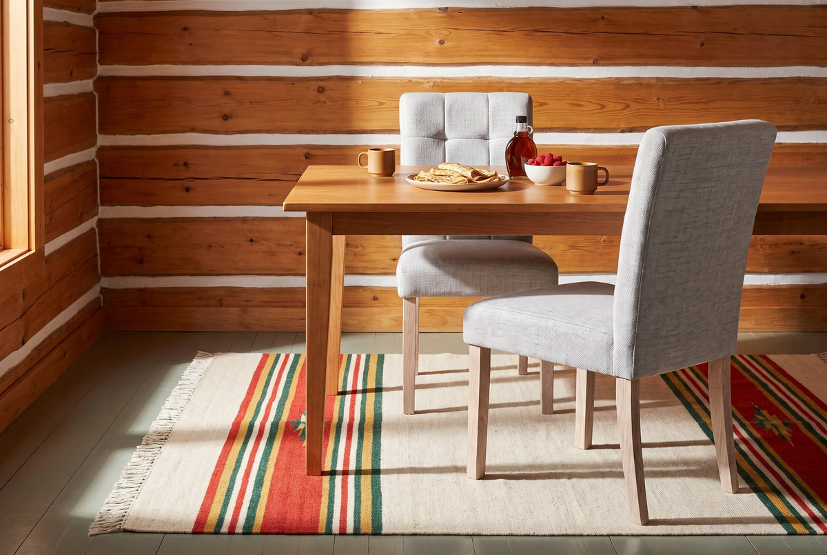 Two light grey Adelina upholstered dining chairs with pale oak legs at a honey-toned wood table with crepes, a bottle of maple syrup, a bowl of raspberries and two caramel mugs, in a log-walled breakfast room with a sage-grey painted floor and a striped wool rug in morning sun