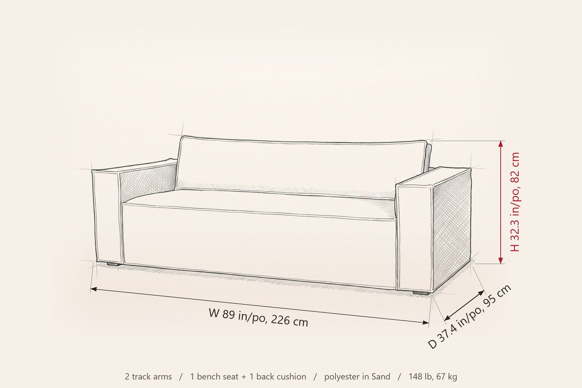 Agerola sofa dimensions: 89 in wide, 37.4 in deep, 32.3 in high