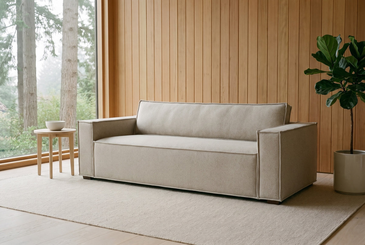 Agerola sofa in Sand in front of a cedar slat wall in a Kitsilano, Vancouver living room