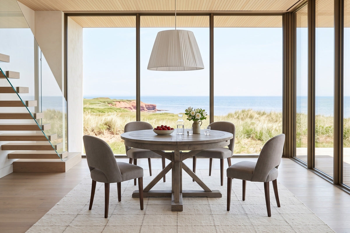 Aggius round dining table in a Cavendish dune house in PEI, with tall glass to the dunes, red cliffs and the Gulf