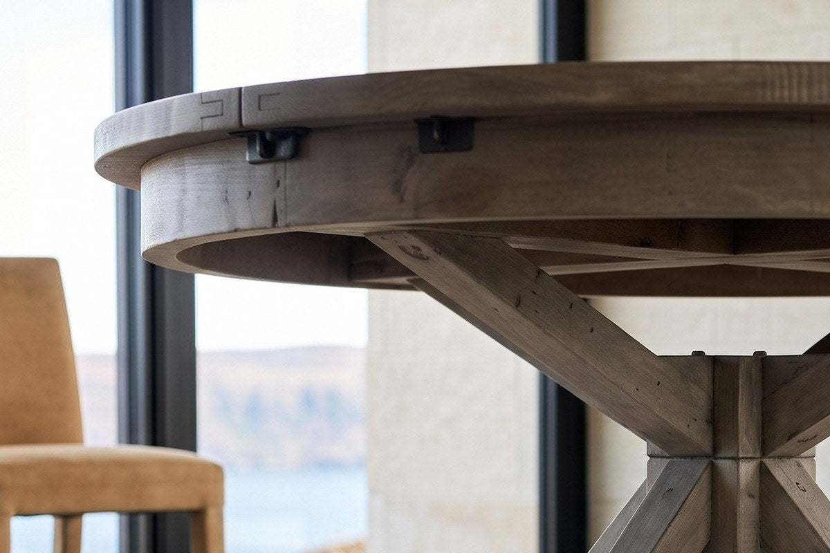 Close-up of the Aggius top's edge: the seam where the top parts for the leaf, with two dark metal locking clasps