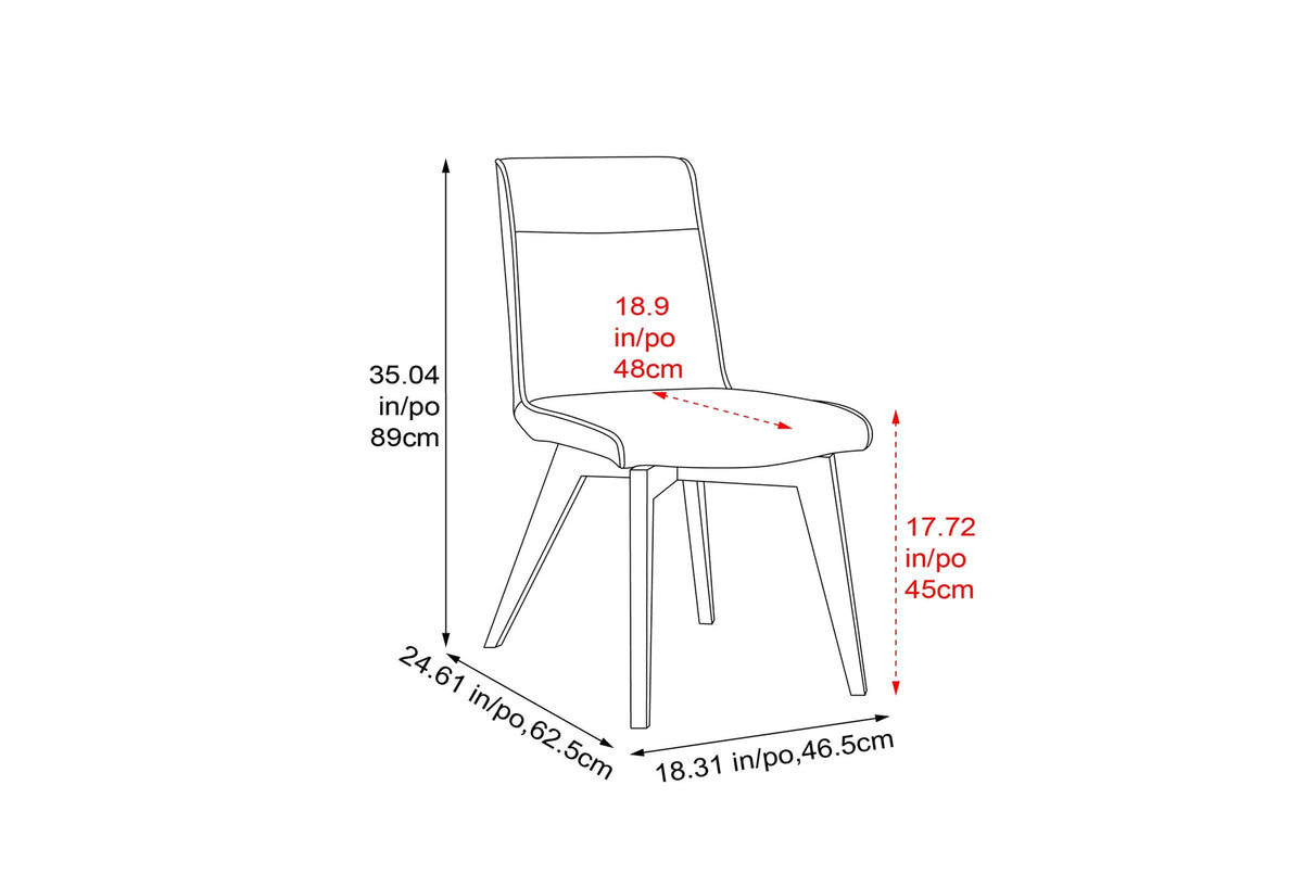 Aileen dining chair dimensions: 18.31 in wide, 24.61 in deep, 35.04 in high, seat height 17.72 in, seat depth 18.9 in