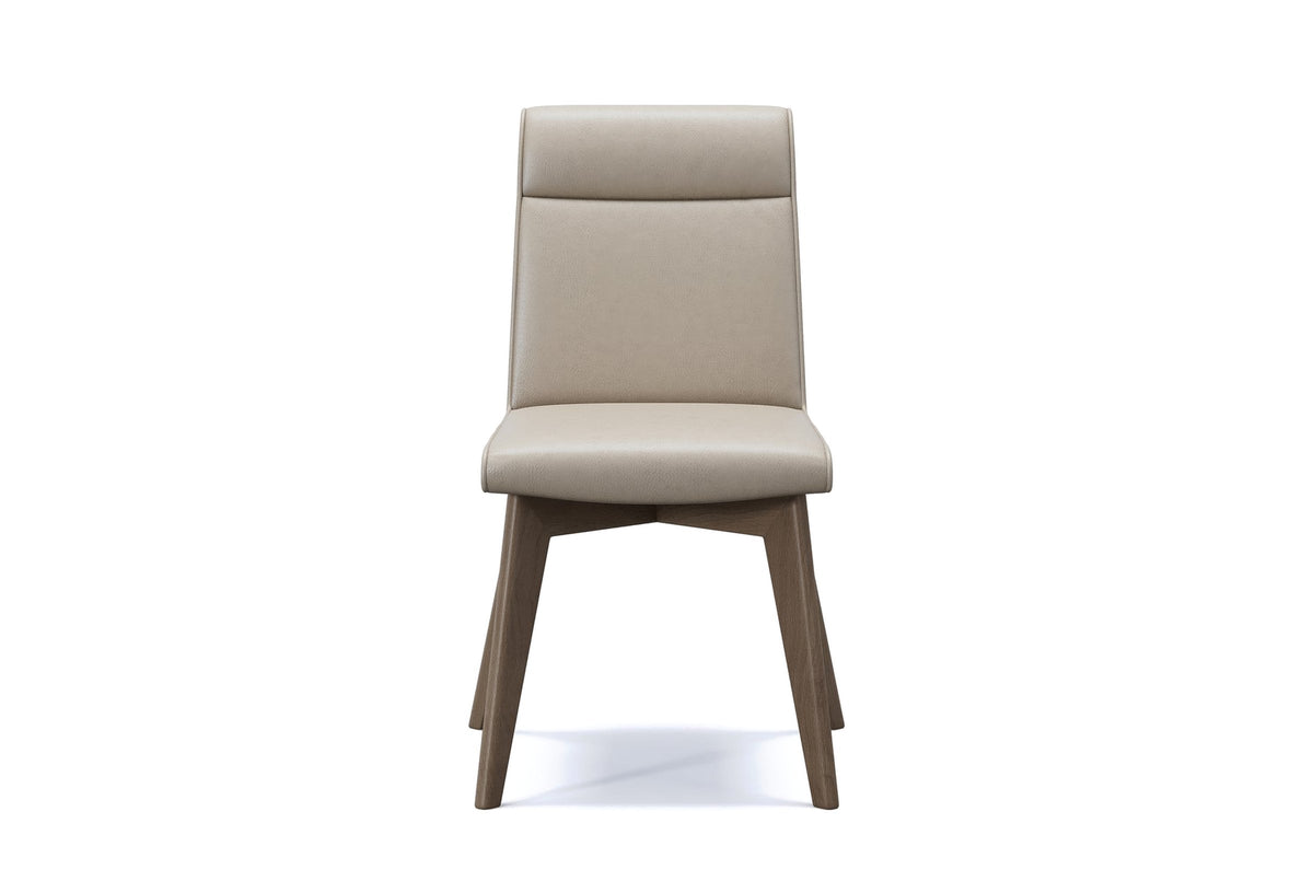 Aileen dining chair in beige leather with ash legs, seen from the front on a white background