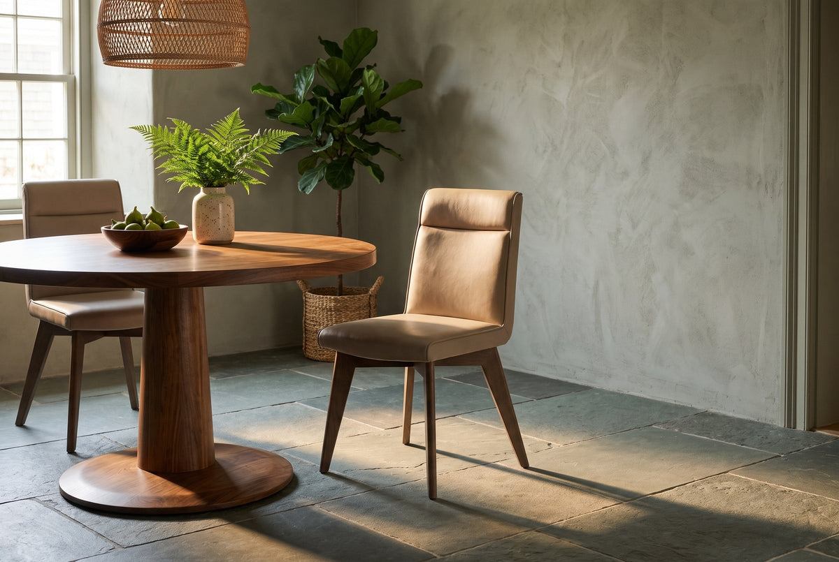 Two beige Aileen leather dining chairs with ash legs at a round walnut pedestal table with a walnut bowl of green figs and a speckled vase of ferns, under a woven rattan pendant beside a fiddle-leaf fig in a seagrass basket, in a sage grey plaster room with a window and a slate floor in golden afternoon light