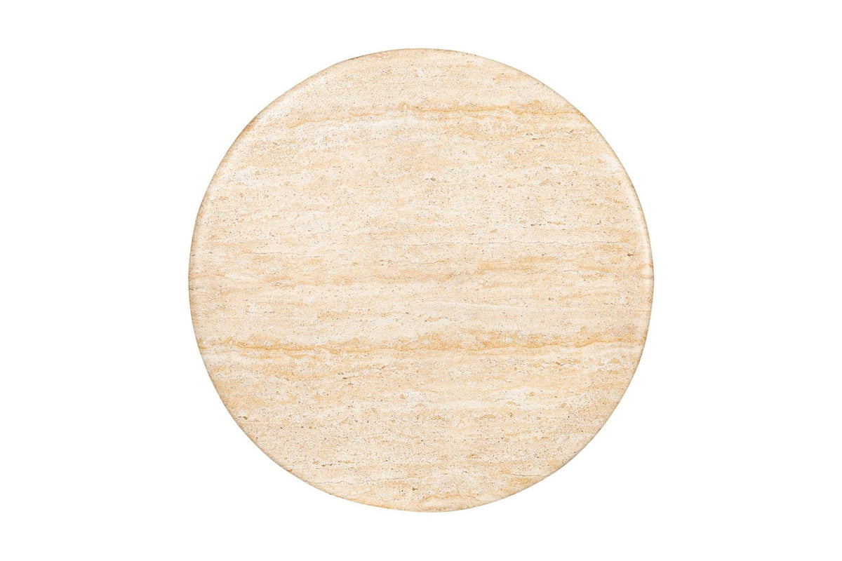 Ainsley side table, top view of the travertine-look round top