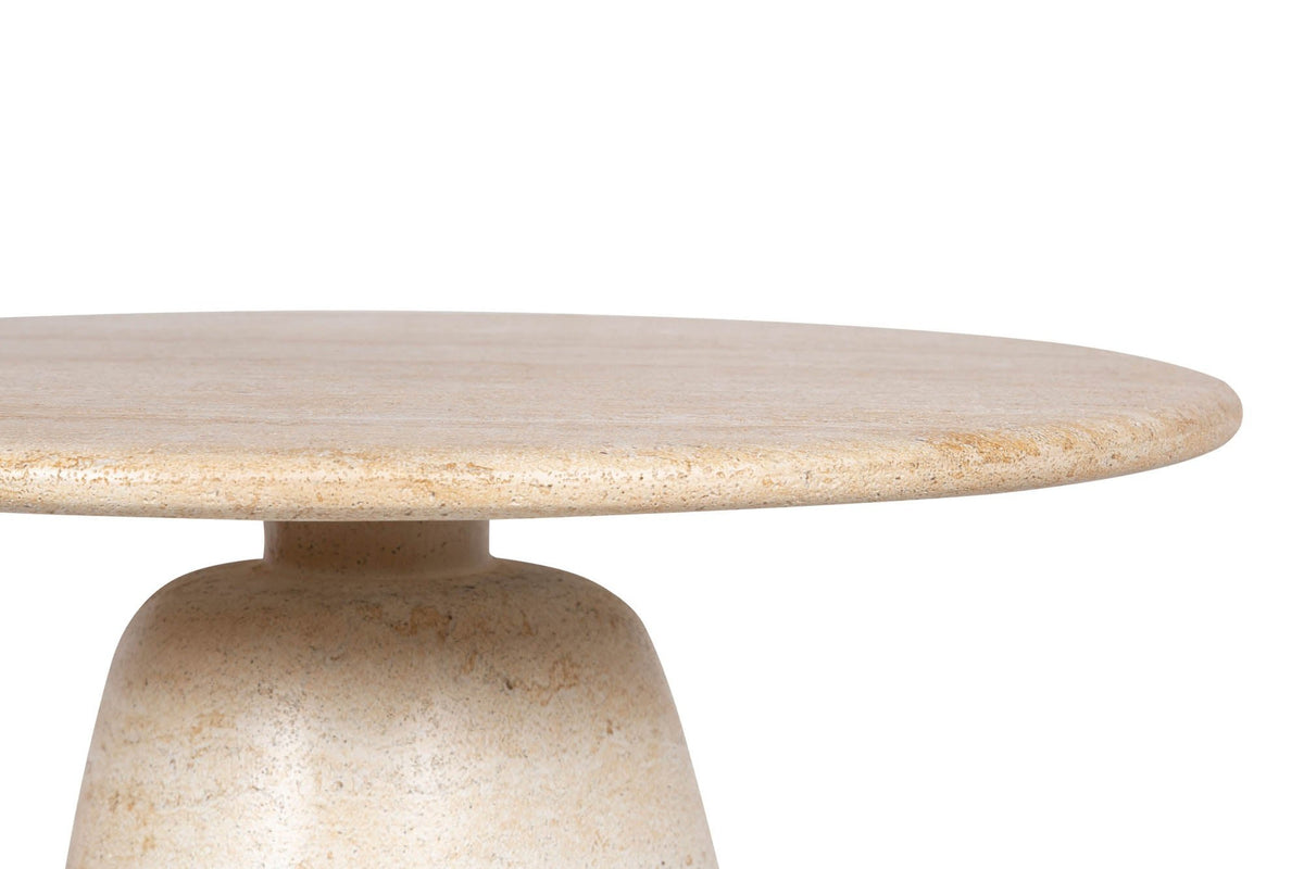 Close-up of the Ainsley side table top edge and travertine-look base