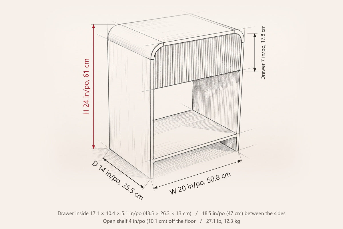 Alberona dimensions on a pencil sketch: 24 in (61 cm) high, 20 in (50.8 cm) wide, 14 in (35.5 cm) deep