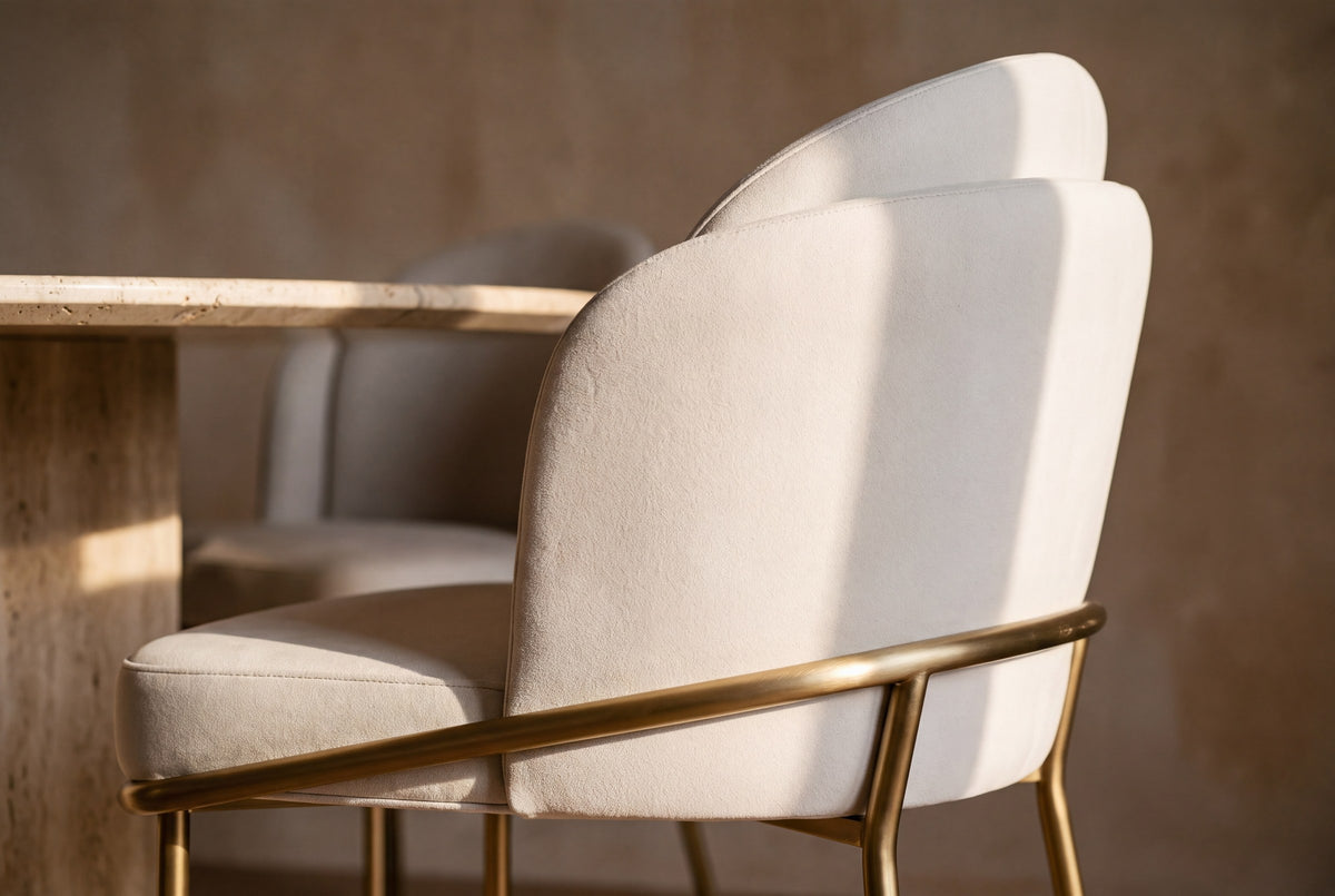 Close-up of the layered ivory back and brass rail of the Alexander chair