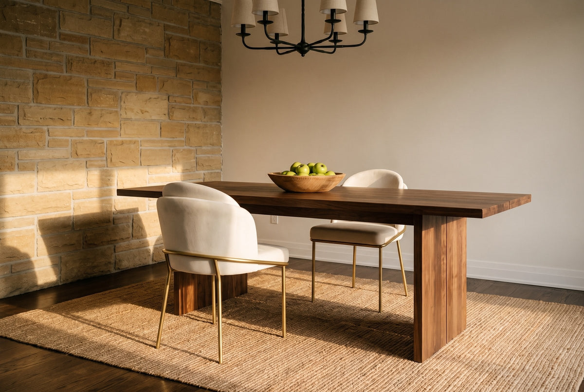 Alexander ivory fabric dining chair with brass legs seen from behind at a long walnut table with a bowl of green apples, a second chair across, an exposed limestone wall, an iron chandelier and a jute rug, in golden-hour light