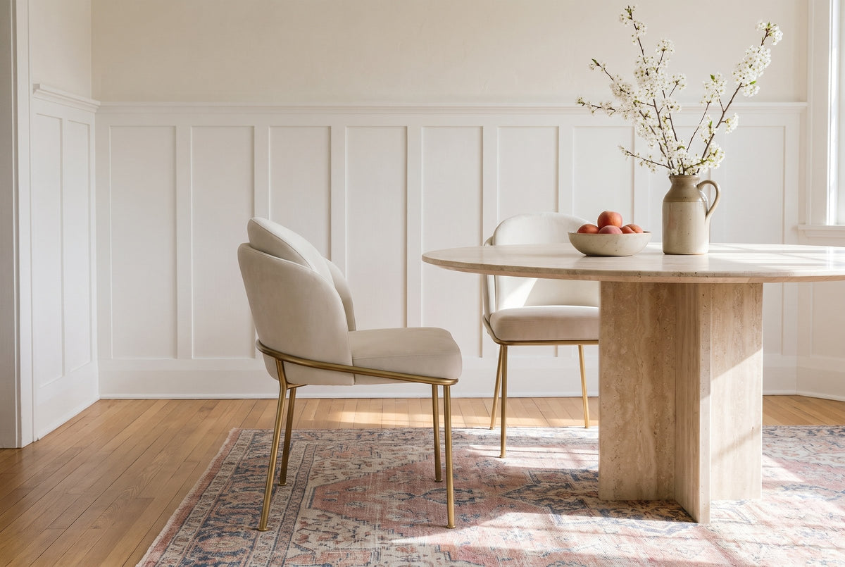 Two Alexander ivory fabric dining chairs with brass legs at a round travertine pedestal table with a bowl of peaches and a blossom branch in a stoneware jug, white wainscoting and a rose and blue rug, in morning light
