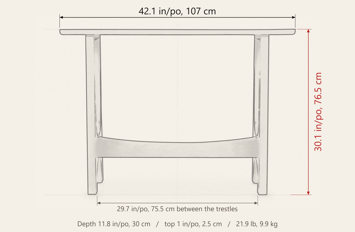 Amelia dimensions: 42.1 in long, 11.8 in deep, 30.1 in high, 29.7 in between the trestles