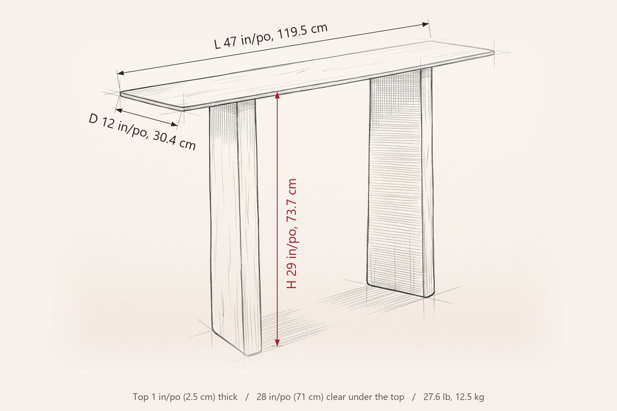 Anghiari dimensions sketch: 47 in (119.5 cm) long, 12 in (30.4 cm) deep, 29 in (73.7 cm) high, top 1 in (2.5 cm) thick