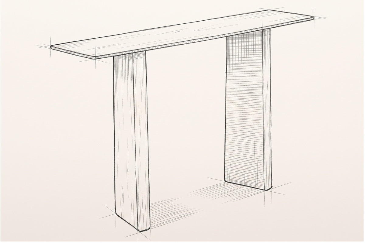 Pencil sketch of the Anghiari console table, three-quarter view from above