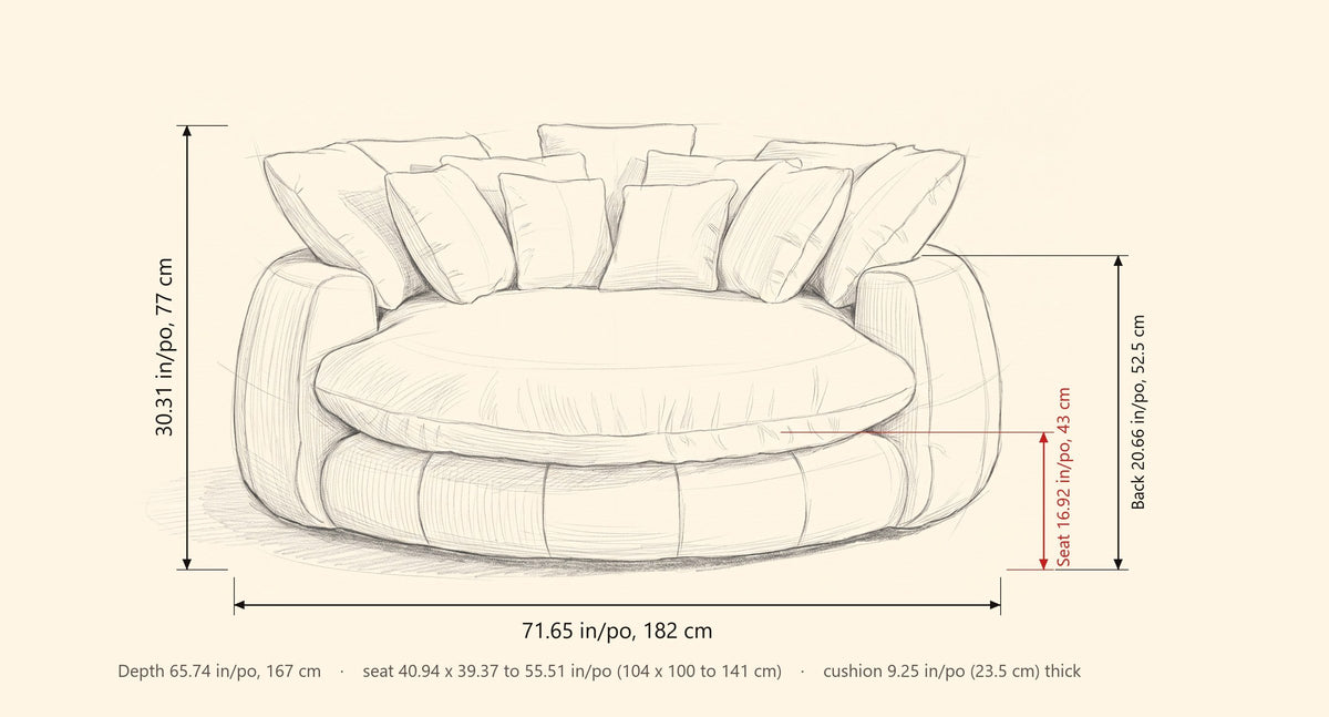 Aosta dimensions: 71.65 in wide, 65.74 in deep, 30.31 in high to the pillow tops, back 20.66 in, seat 16.92 in high
