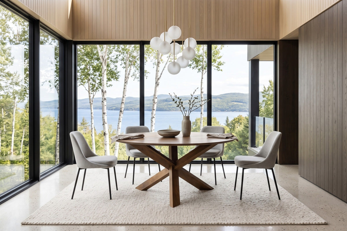Apecchio round dining table in a Charlevoix house above the St. Lawrence, with smoked-oak panelling
