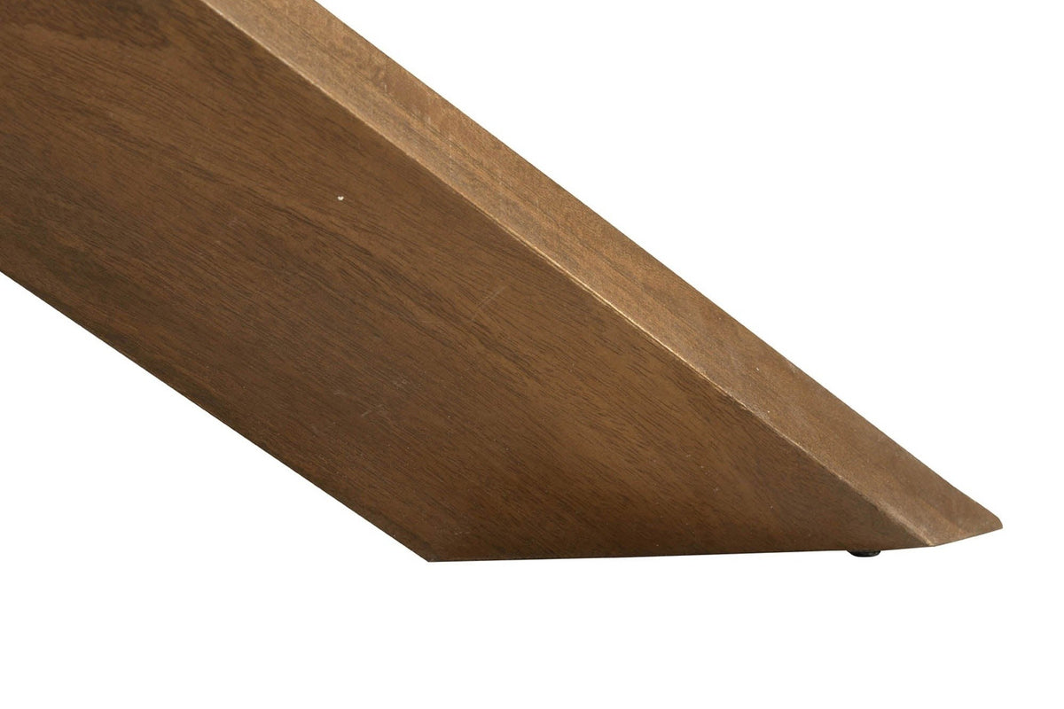 Close-up of an Apecchio foot in walnut and teak: a square mango beam ending in an angled cut on a small glide