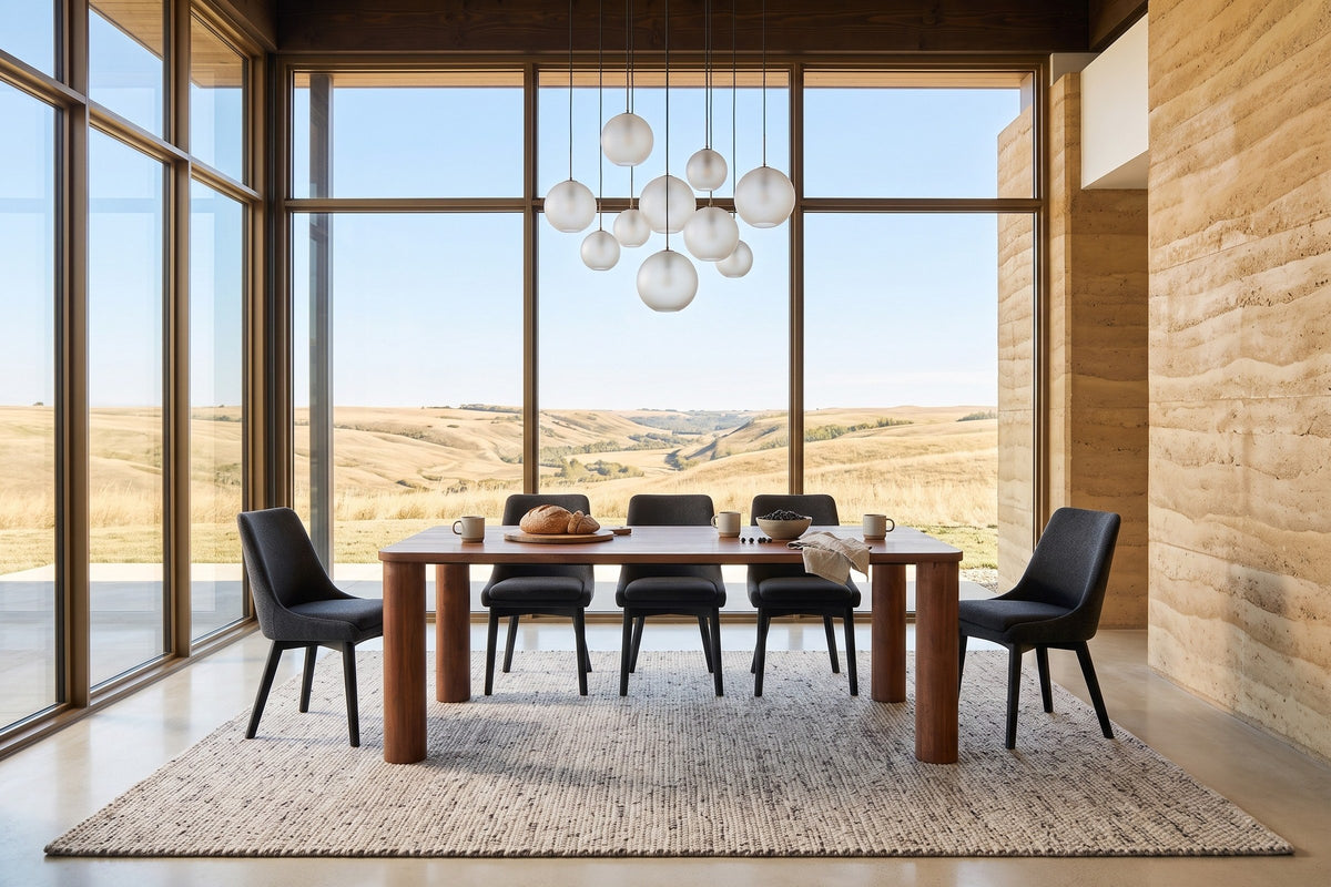 Arcevia dining table in Brown in a Saskatchewan prairie house with a rammed-earth wall and a tall glass wall to the hills