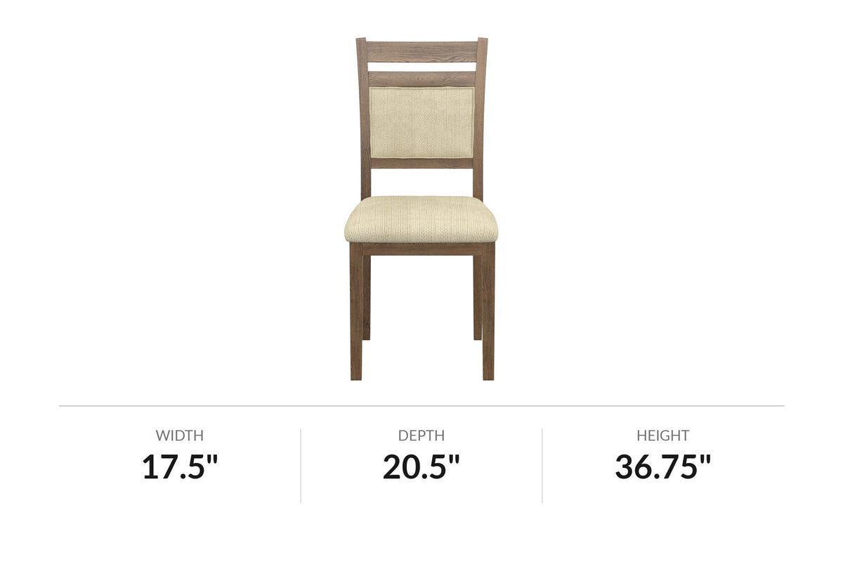 Arden walnut and beige fabric dining chair, front view with dimensions