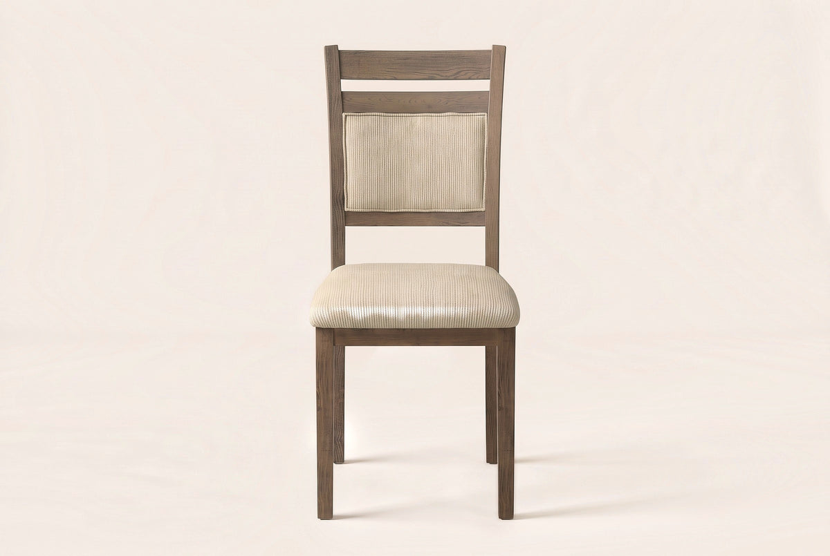 Arden dining chair in Walnut / Beige, straight front view showing the two rails, the padded back panel and the four square legs