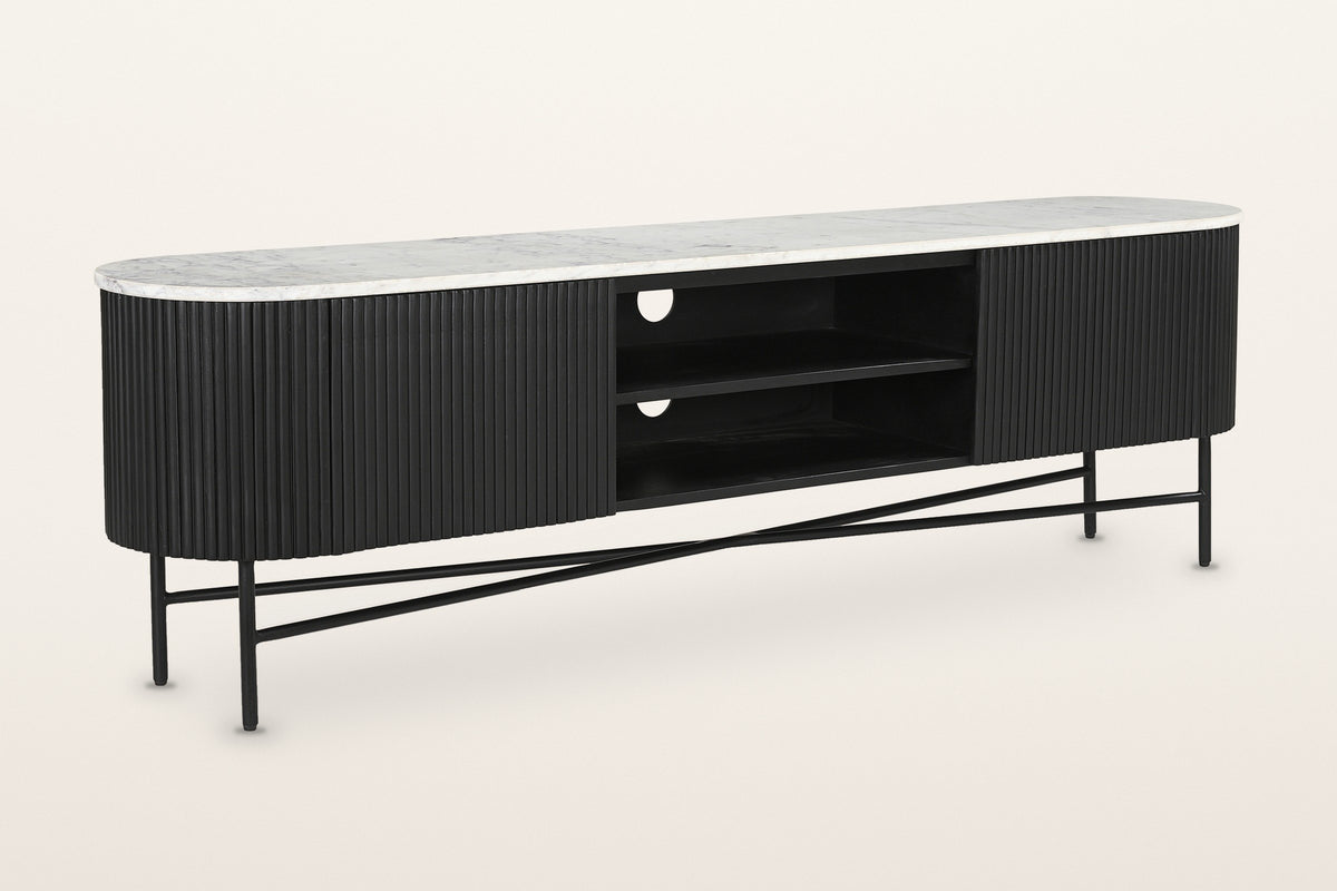 Arpino reeded mango wood media console in black with a white marble top and a black metal base