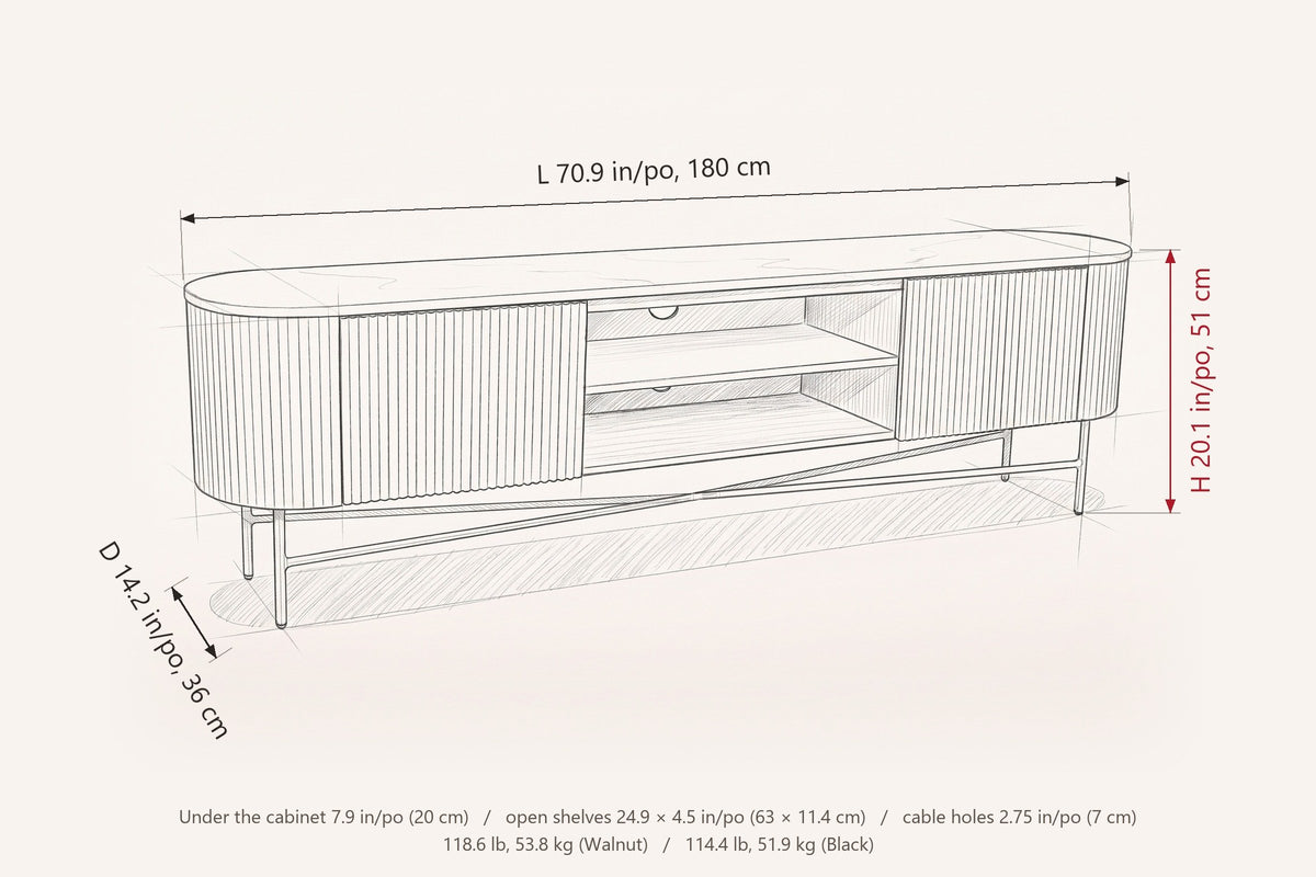 Arpino dimensions on a pencil sketch of the console: 70.9 in long, 14.2 in deep, 20.1 in high, 7.9 in under the cabinet