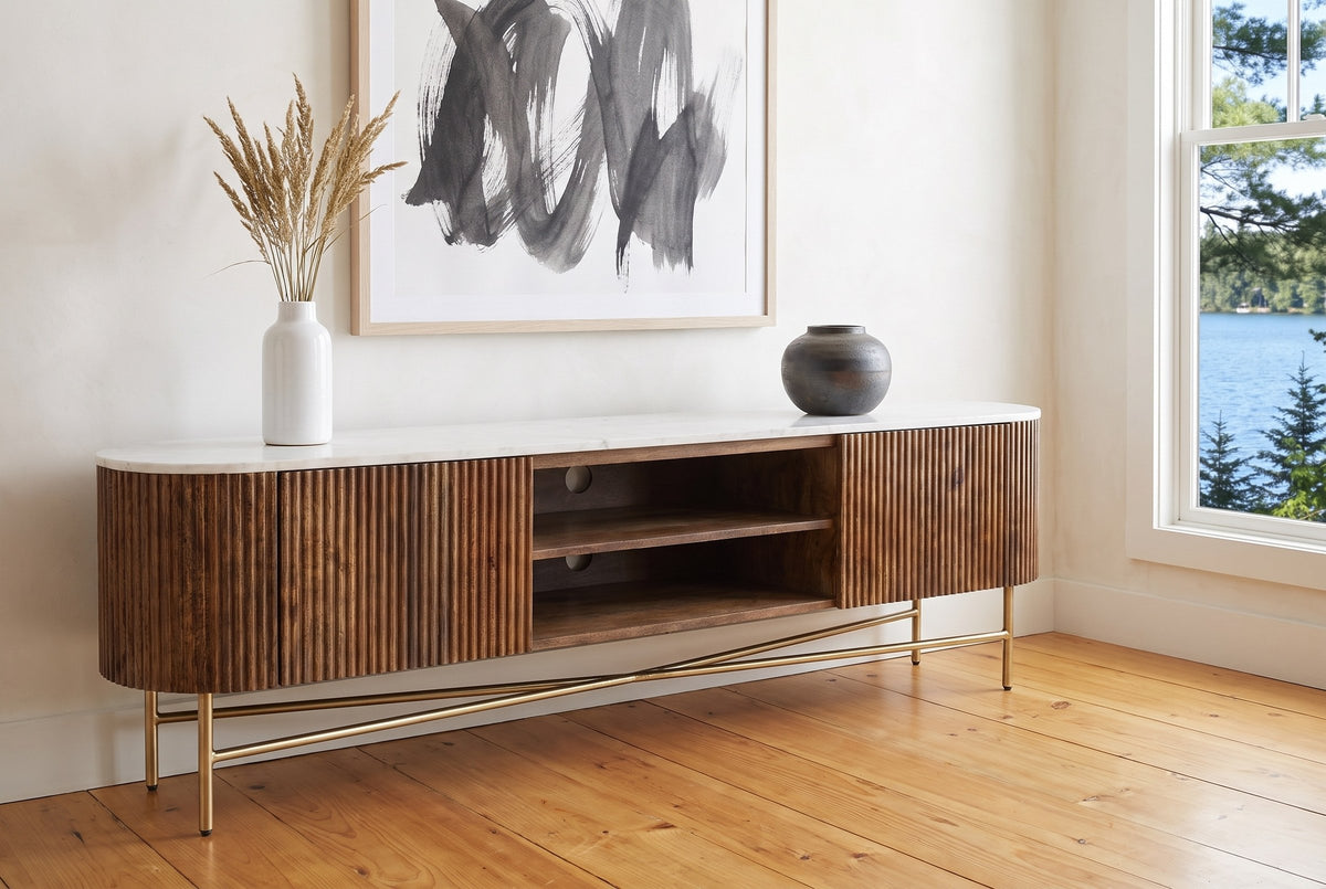 Arpino media console in walnut in a Muskoka lake cottage