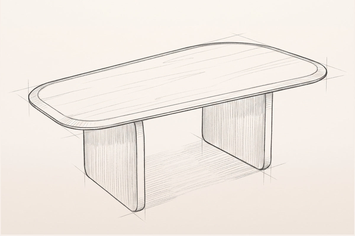 Pencil sketch of the Arquata coffee table, three-quarter view from above