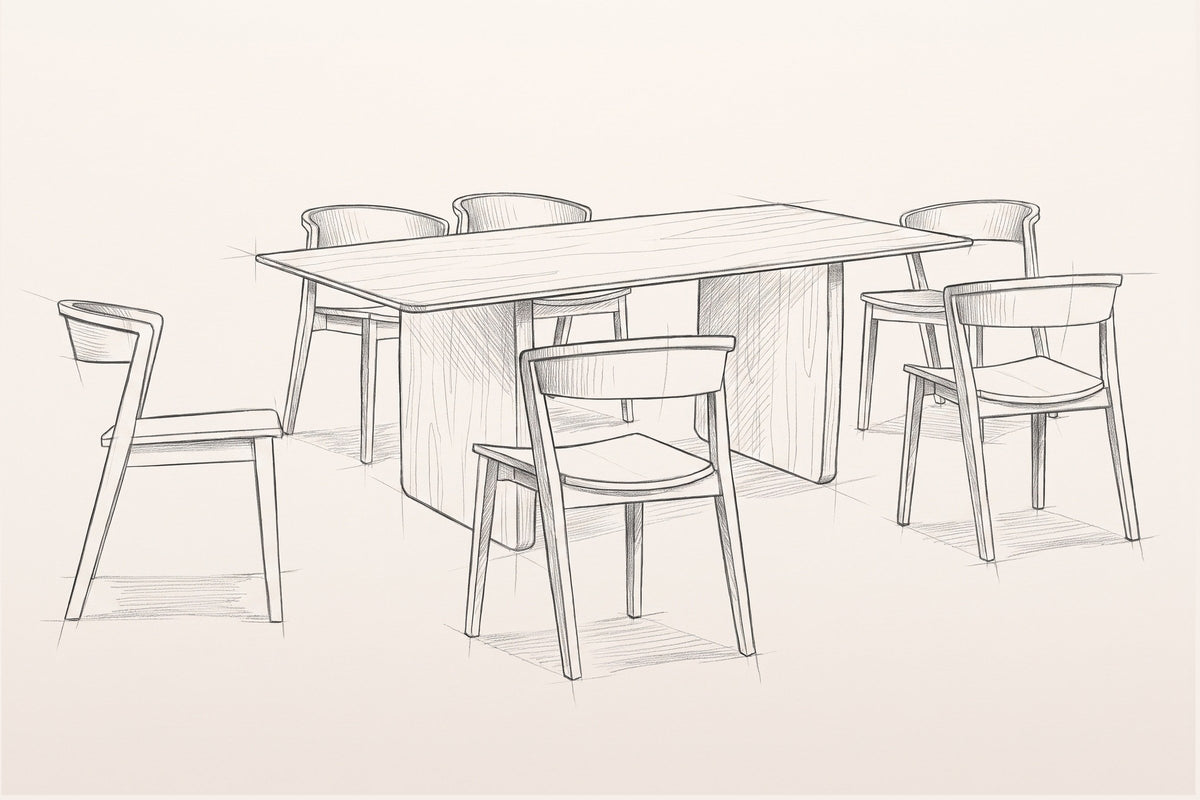 Pencil sketch of the Arquata 7-piece dining set, three-quarter view