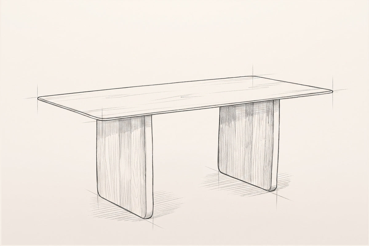 Pencil sketch of the Arquata dining table, three-quarter view