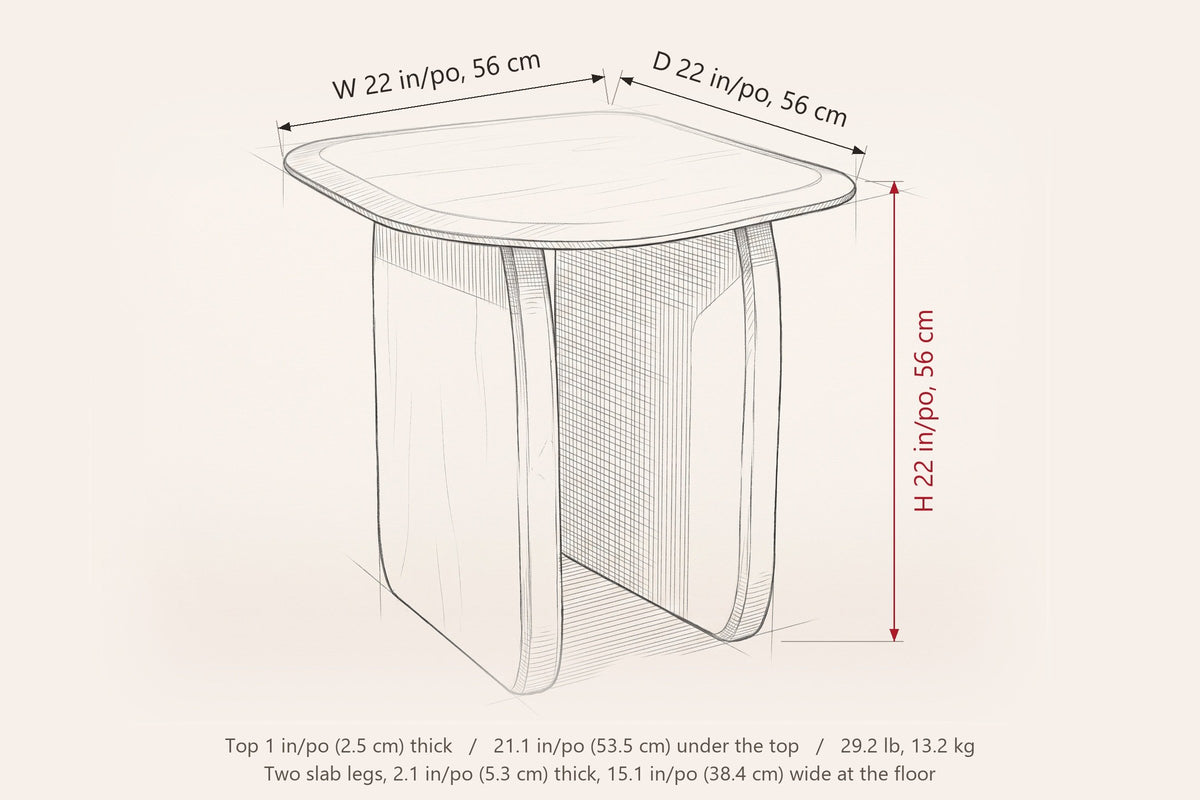 Arquata dimensions on a pencil sketch of the side table: 22 in wide, 22 in deep, 22 in high, 21.1 in under the top