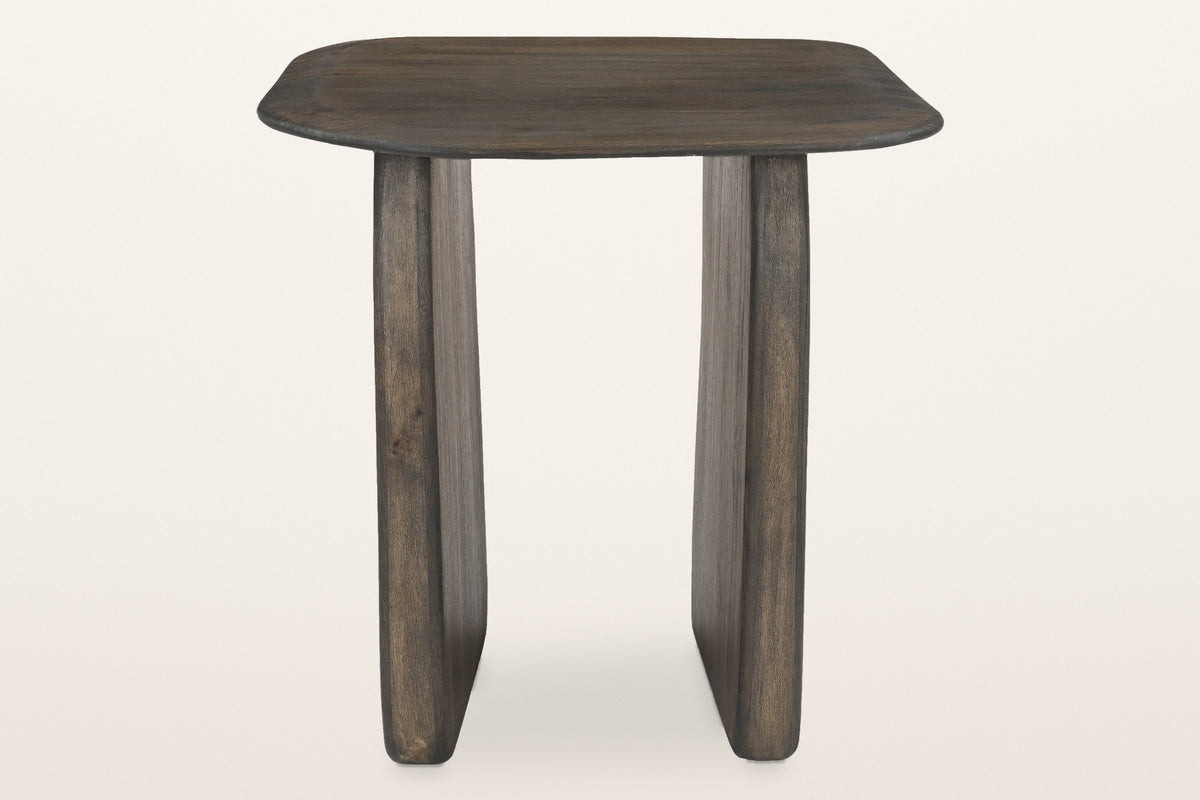 Arquata side table in mocha, straight front view: a soft-square top on two thick slab legs