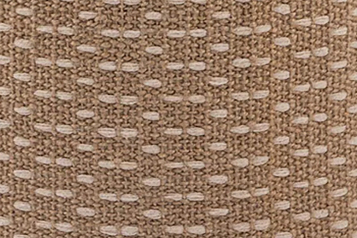 The Arvier weave up close: a coarse camel jute ground with short cream cotton dashes in vertical columns