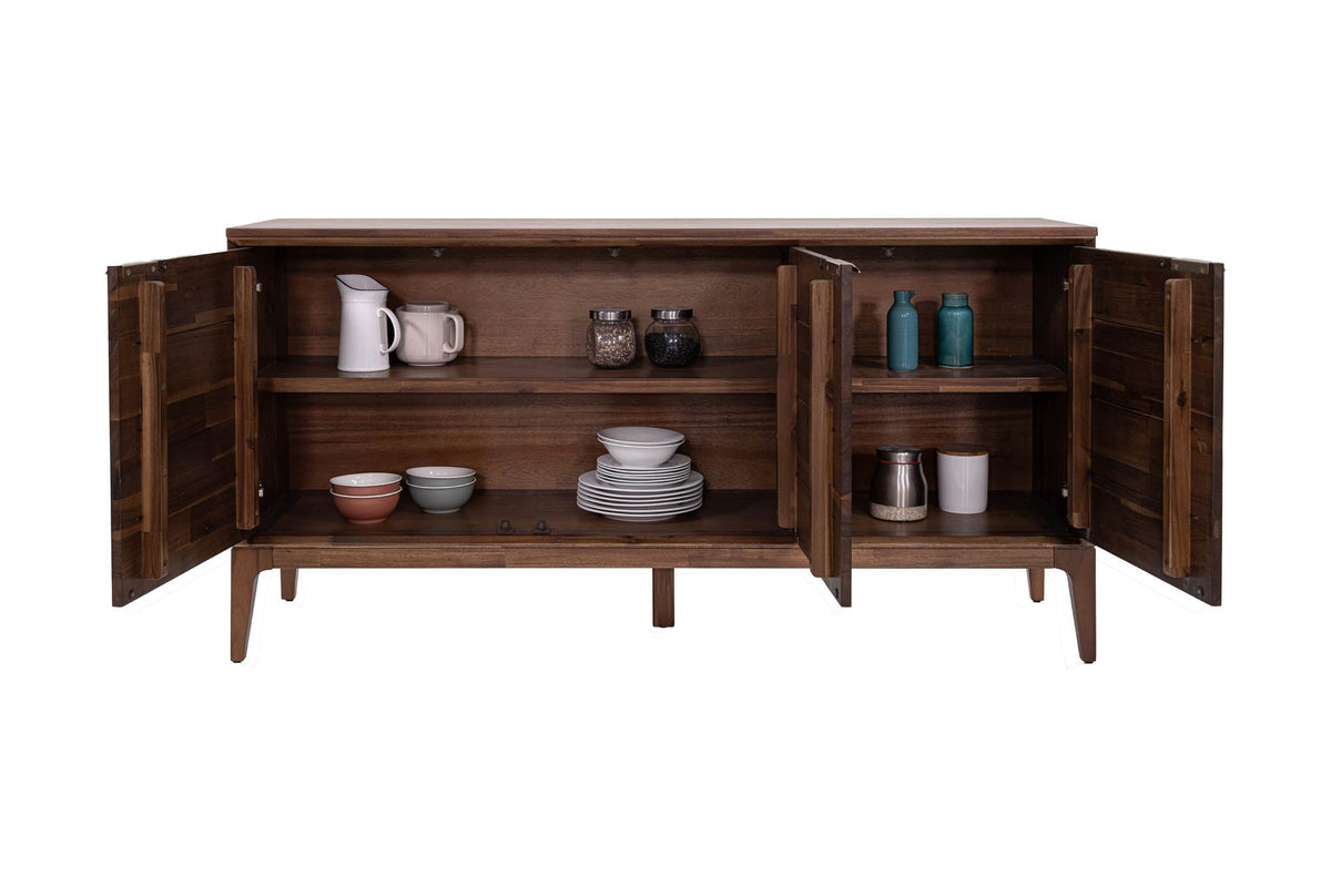 Ashby sideboard with all three doors open, showing fixed shelves holding dinnerware