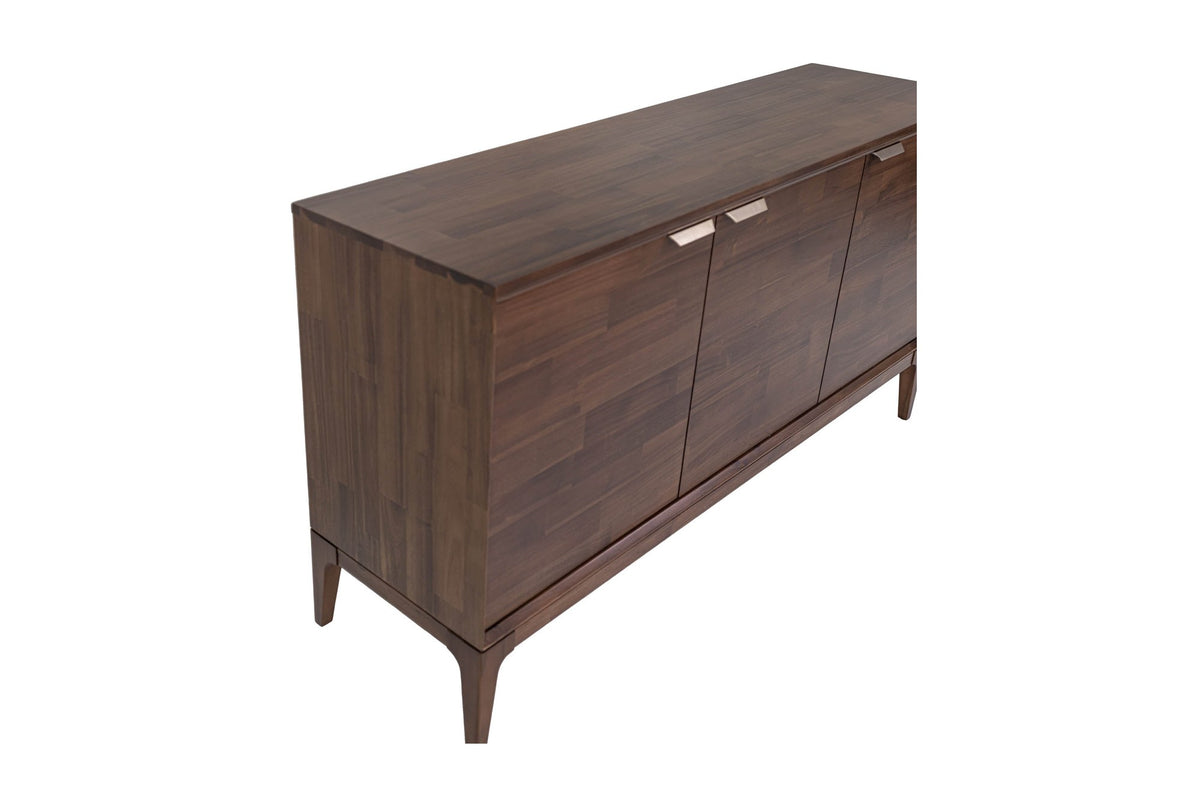 Ashby acacia sideboard corner detail with brass pulls and tapered leg