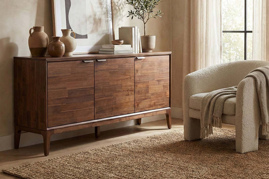 Ashby Acacia Wood 3-Door Sideboard with Brass Pulls - Warm Wood for Everyday Rooms
