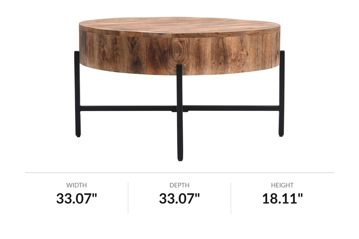 Ashford mango wood coffee table, front view with inch dimensions